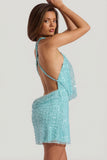 Embellished Cowl-Neck Backless Mini Dress in Aqua Blue