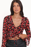 Aveline Chiffon Ruffle Front Top - Brown Floral
