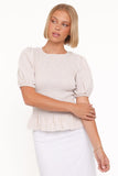 Callista Shirred Waist Top - Beige Gingham
