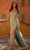 Strapless 3D floral lace fitted gown with high slit